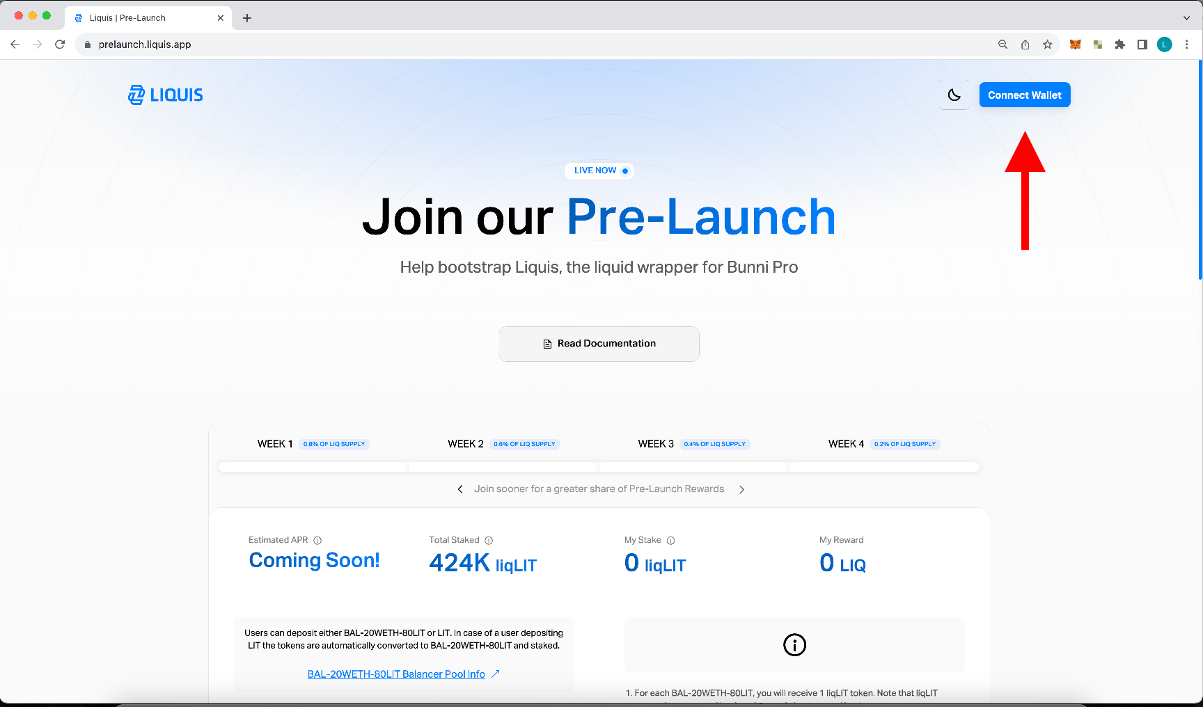 How To Participate in the Liquis Pre-Launch, Step 1, Connect Wallet